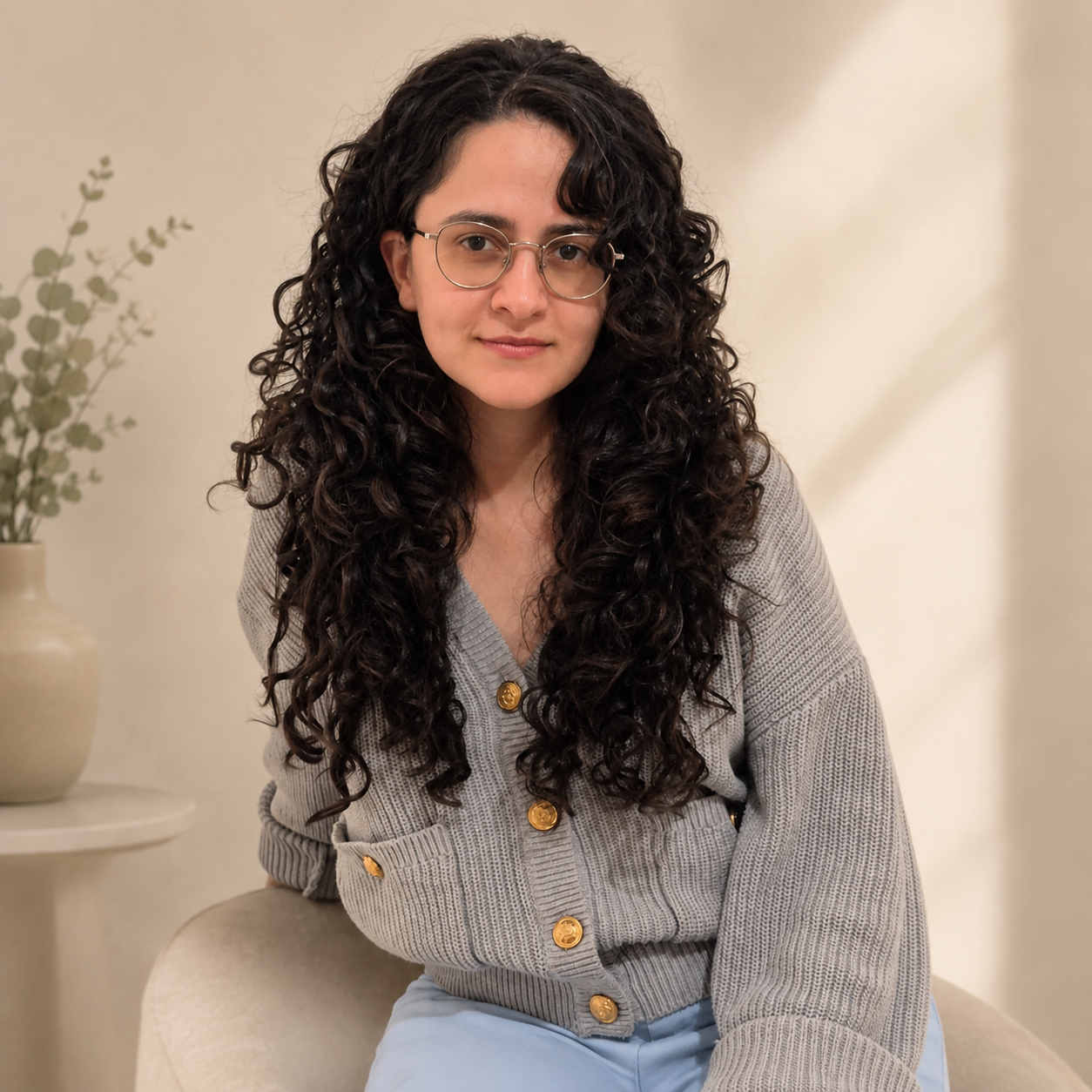 Elisa Gabriella em um retrato profissional com fundo claro