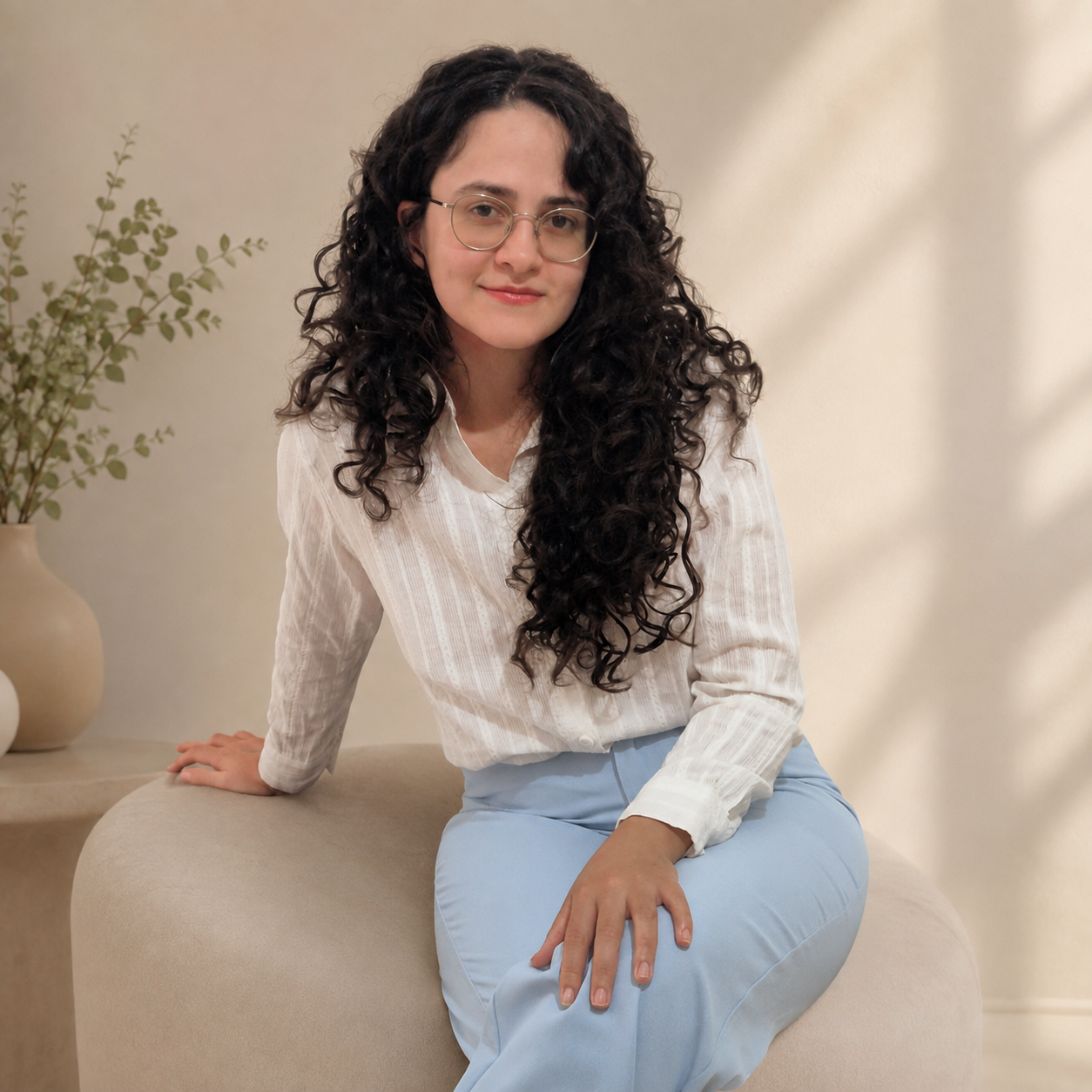 Elisa Gabriella, psicóloga, sentada em ambiente claro e acolhedor